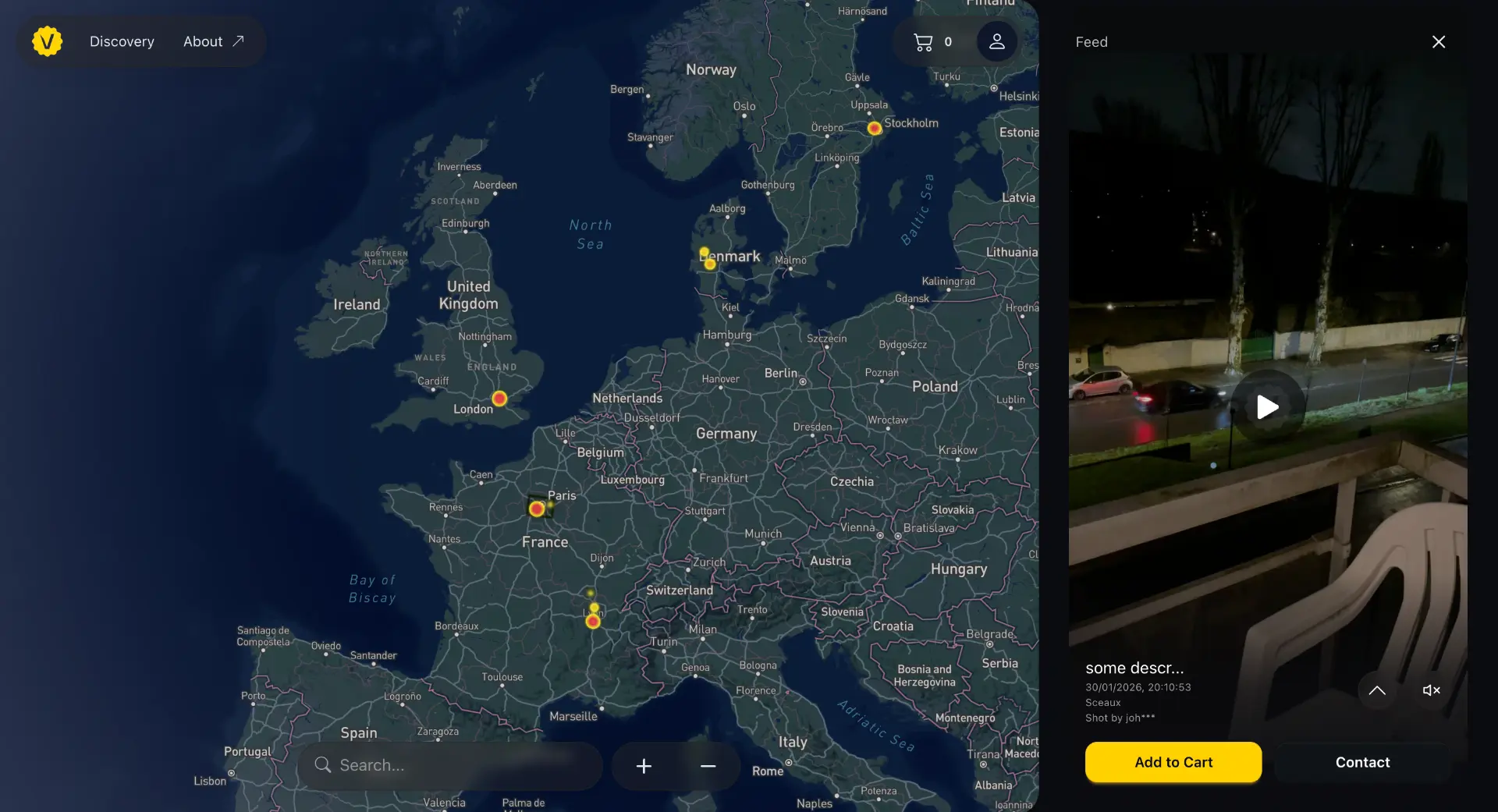 Veriscope Heatmap interface showing authenticated eyewitness footage pinned across Europe with a clip feed and licensing panel