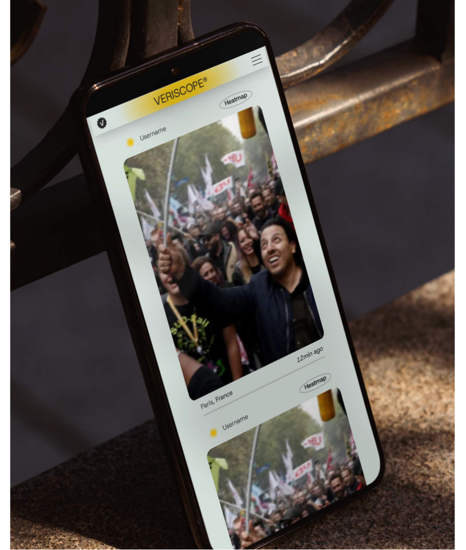 Veriscope Lens showing authenticated eyewitness footage in the app feed